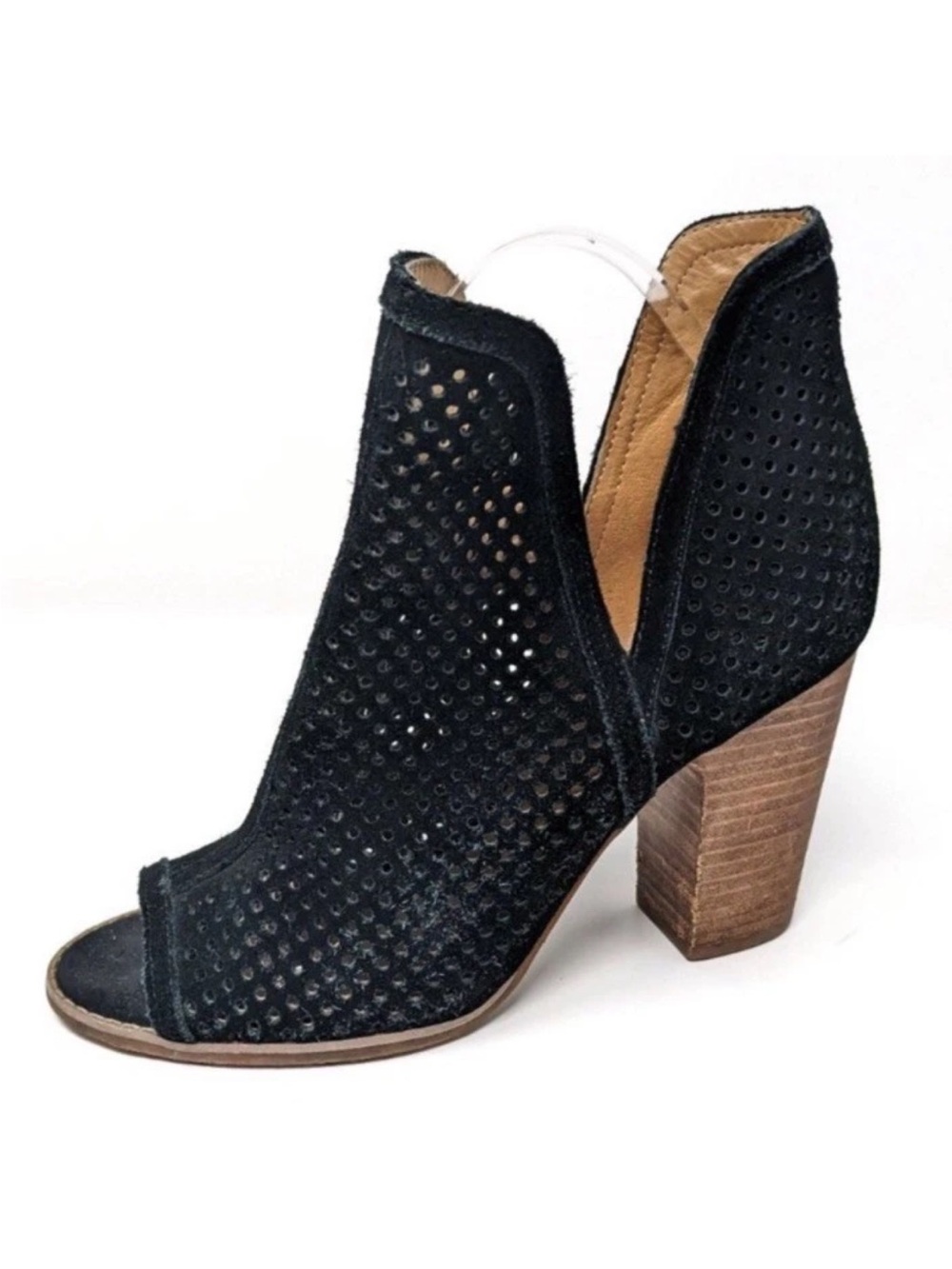 Lucky Brand Larise Black Leather Suede Open Toe Bootie Heels Sandal Sz 9
